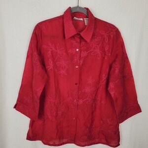 Alfred Dunner Red Floral Embroidered Button Down Blouse Boho Cottagecore Size 12